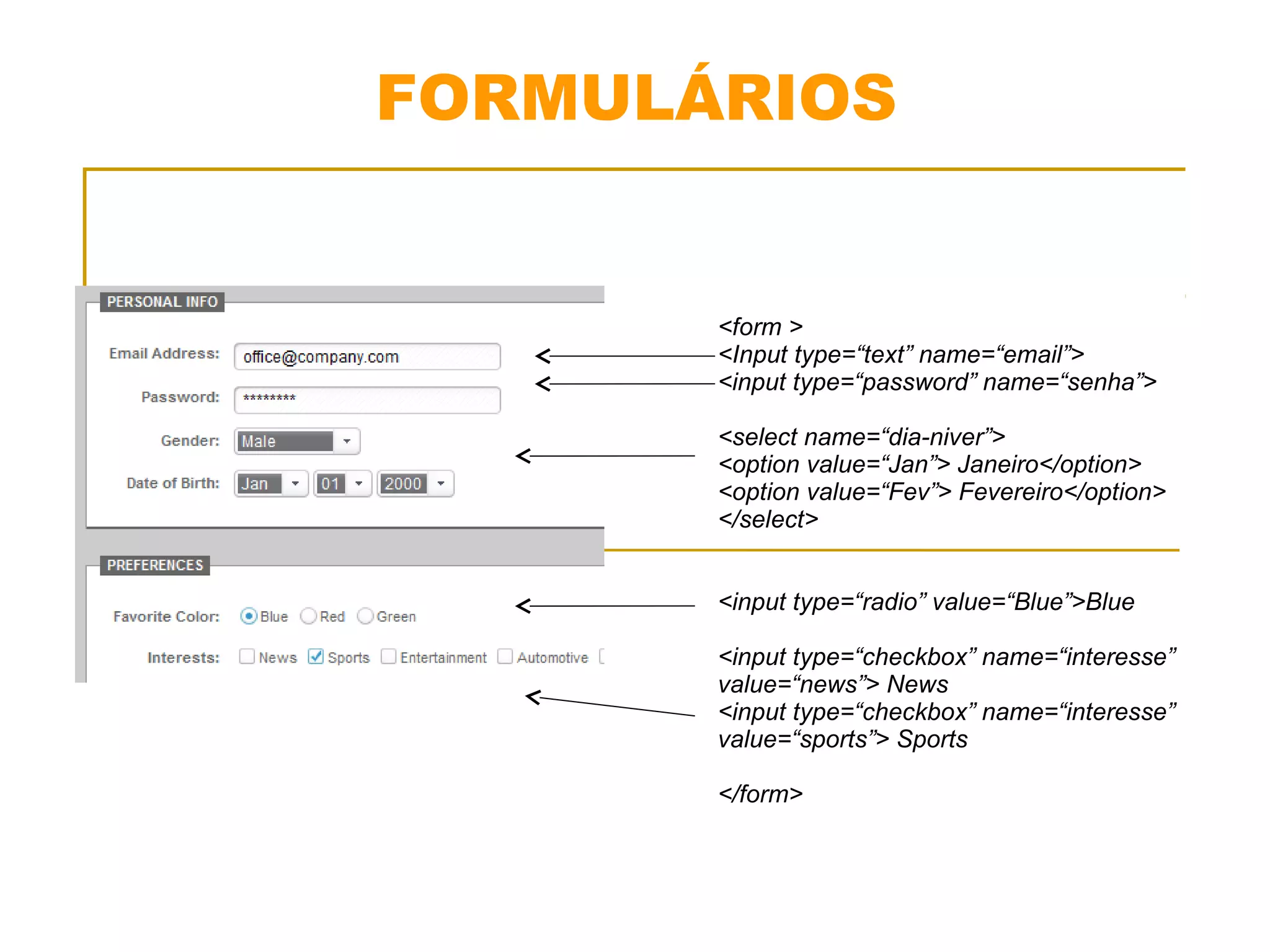 FORMULÁRIOS 
<form > 
<Input type=“text” name=“email”> 
<input type=“password” name=“senha”> 
<select name=“dia-niver”> 
<option value=“Jan”> Janeiro</option> 
<option value=“Fev”> Fevereiro</option> 
</select> 
<input type=“radio” value=“Blue”>Blue 
<input type=“checkbox” name=“interesse” 
value=“news”> News 
<input type=“checkbox” name=“interesse” 
value=“sports”> Sports 
</form> 
 