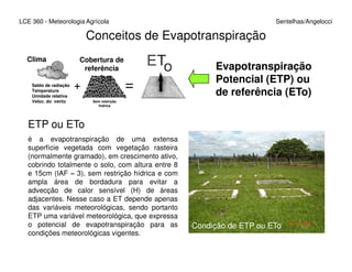 Conceitos de Evapotranspiração
Evapotranspiração
Potencial (ETP) ou
de referência (ETo)
LCE 360 - Meteorologia Agrícola Sentelhas/Angelocci
Clima
Saldo de radiação
Temperatura
Umidade relativa
Veloc. do vento
Cobertura de
referência
Sem restrição
hídrica
ETP ou ETo
é a evapotranspiração de uma extensa
+
é a evapotranspiração de uma extensa
superfície vegetada com vegetação rasteira
(normalmente gramado), em crescimento ativo,
cobrindo totalmente o solo, com altura entre 8
e 15cm (IAF ≈ 3), sem restrição hídrica e com
ampla área de bordadura para evitar a
advecção de calor sensível (H) de áreas
adjacentes. Nesse caso a ET depende apenas
das variáveis meteorológicas, sendo portanto
ETP uma variável meteorológica, que expressa
o potencial de evapotranspiração para as
condições meteorológicas vigentes.
Condição de ETP ou ETo
 
