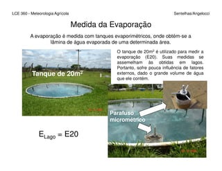 Medida da Evaporação
Tanque de 20m2
LCE 360 - Meteorologia Agrícola Sentelhas/Angelocci
O tanque de 20m2 é utilizado para medir a
evaporação (E20). Suas medidas se
assemelham às obtidas em lagos.
Portanto, sofre pouca influência de fatores
externos, dado o grande volume de água
que ele contém.
A evaporação é medida com tanques evaporimétricos, onde obtém-se a
lâmina de água evaporada de uma determinada área.
Parafuso
micrométrico
ELago = E20
 