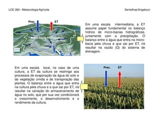 LCE 360 - Meteorologia Agrícola Sentelhas/Angelocci
Prec. ET
Q
Em uma escala intermediária, a ET
assume papel fundamental no balanço
hídrico de micro-bacias hidrográficas,
juntamente com a precipitação. O
balanço entre a água que entra na micro-
bacia pela chuva e que sai por ET, irá
resultar na vazão (Q) do sistema de
drenagem.
Micro-bacia Hidrográfica
Prec. ETEm uma escala local, no caso de uma
cultura, a ET da cultura se restringe aos
processos de evaporação da água do solo e
da vegetação úmida e de transpiração das
plantas. O balanço entre a água que entra
na cultura pela chuva e a que sai por ET, irá
resultar na variação do armazenamento de
água no solo, que por sua vez condicionará
o crescimento, o desenvolvimento e o
rendimento da cultura.
 
