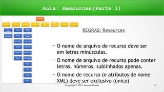 Copyright © 2016 Janynne Gomes 5
Aula: Resources(Parte 1)
REGRAS: Resources
– O nome de arquivo de recurso deve ser
em letras minúsculas.
– O nome de arquivo de recurso pode conter
letras, números, sublinhados apenas.
– O nome de recurso (e atributos de nome
XML) deve ser exclusivo (único)
 