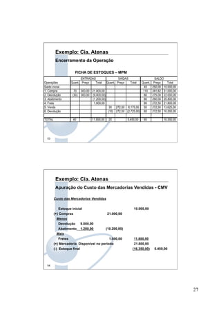 27
53
Exemplo: Cia. Atenas
Encerramento da Operação
FICHA DE ESTOQUES – MPM
ENTRADAS SAÍDAS SALDO
Operações Quant. Preço Total Quant. Preço Total Quant. Preço Total
Saldo inicial 40 250,00 10.000,00
1. Compra 70 300,00 21.000,00 110 281,82 31.000,00
2. Devolução (30) 300,00 (9.000,00) 80 275,00 22.000,00
3. Abatimento (1.200,00) 80 260,00 20.800,00
4. Frete 1.000,00 80 272,50 21.800,00
5. Venda 30 272,50 8.175,00 50 272,50 13.625,00
6. Devolução (10) 272,50 (2.725,00) 60 272,50 16.350,00
TOTAL 40 11.800,00 20 5.450,00 60 16.350,00
54
Exemplo: Cia. Atenas
Apuração do Custo das Mercadorias Vendidas - CMV
Custo das Mercadorias Vendidas
Estoque inicial 10.000,00
(+) Compras 21.000,00
Menos
Devolução 9.000,00
Abatimento 1.200,00 (10.200,00)
Mais
Fretes 1.000,00 11.800,00
(=) Mercadoria Disponível no período 21.800,00
(-) Estoque final (16.350,00) 5.450,00
 