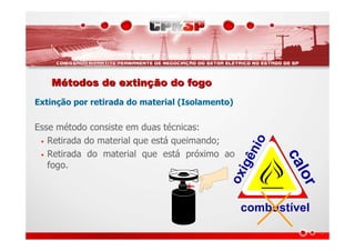 MMéétodos de extintodos de extinçção do fogoão do fogo
Extinção por retirada do material (Isolamento)
Esse método consiste em duas técnicas:
• Retirada do material que está queimando;
• Retirada do material que está próximo ao
fogo.
combustível
calor
oxigênio
 