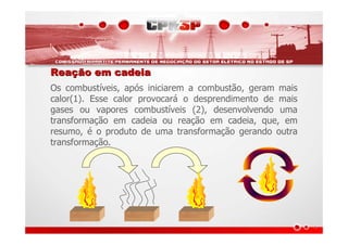 ReaReaçção em cadeiaão em cadeia
Os combustíveis, após iniciarem a combustão, geram mais
calor(1). Esse calor provocará o desprendimento de mais
gases ou vapores combustíveis (2), desenvolvendo uma
transformação em cadeia ou reação em cadeia, que, em
resumo, é o produto de uma transformação gerando outra
transformação.
 