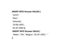 INSERT INTO Pessoas VALUES (
'Lynch',
'Alan',
‘Holanda',
'10-06-1955',
'01-07-2001');
INSERT INTO Pessoas VALUE (
'Baker', 'Pat', ‘Belgica', '01-07-1955', ' ‘
);
 