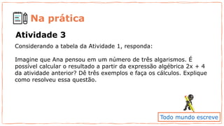 Na prática
Atividade 3
Considerando a tabela da Atividade 1, responda:
Imagine que Ana pensou em um número de três algarismos. É
possível calcular o resultado a partir da expressão algébrica 2x + 4
da atividade anterior? Dê três exemplos e faça os cálculos. Explique
como resolveu essa questão.
Todo mundo escreve
 