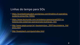 Linhas do tempo para SOs
2
• https://everlastingstudent.wordpress.com/timeline-of-operating-
systems-since-the-1950s/
• https://www.tecmundo.com.br/sistema-operacional/2031-a-
historia-dos-sistemas-operacionais-ilustracao-.htm
• http://www.ppgia.pucpr.br/~laureano/puc_2007/asu/sistema_hist
orico.html
• http://toastytech.com/guis/index.html
 