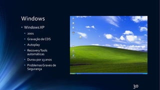 Windows
• WindowsXP
• 2001
• Gravação deCDS
• Autoplay
• RecoveryTools
automáticas
• Durou por 13 anos
• ProblemasGraves de
Segurança
30
 