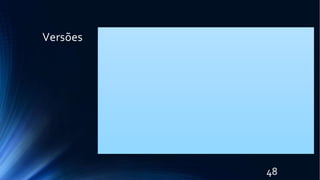 Versões
Version Release Date
Mac OSX v10.0 (Cheetah) 24th March 2001
Mac OSX v10.1 (Puma) 25th September 2001
Mac OSX v10.2 (Jaguar) 24th August 2002
Mac OSX v10.3 (Panther) 24th October 2003
Mac OSX v10.4 (Tiger) 29th April 2005
Mac OSX v10.5 (Leopard) 26th October 2007
Mac OSX v10.6 (Snow Leopard) 28th August 2009
Mac OSX v10.7 (Lion) 20th July 2011
OSX v10.8 (Mountain Lion) 25th July 2012
OSX v10.9 (Mavericks) 22nd September 2013
OSX v10.10 (Yosemite) 16th October 2014
OS X v10.11 (El Capitan) 30th September 2015
48
 
