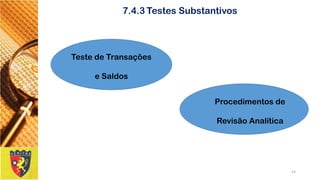 14 
7.4.3Testes Substantivos 
Teste de Transações 
e Saldos 
Procedimentos de Revisão Analítica  