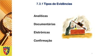 7.3.1Tipos de Evidências 
Analíticas 
Documentárias 
Eletrônicas 
Confirmação 
6 
 
