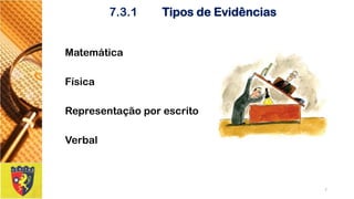 Matemática 
Física 
Representaçãoporescrito 
Verbal 
7 
7.3.1Tipos de Evidências  