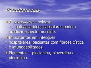 PseudomonasP. aeruginosa – oxidase +,  polissacarídeos capsulares podem produzir aspecto mucóide.Importantes em infecções hospitalares, pacientes com fibrose cística e imunodebilitados.Pigmentos – piocianina, pioverdina e piorrubina.