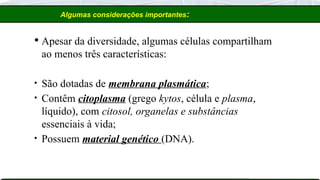 Algumas considerações importantes:
 Apesar da diversidade, algumas células compartilham
ao menos três características:
• São dotadas de membrana plasmática;
• Contêm citoplasma (grego kytos, célula e plasma,
líquido), com citosol, organelas e substâncias
essenciais à vida;
• Possuem material genético (DNA).
 