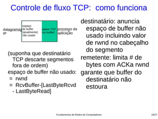 Controle de fluxo TCP: como funciona
                                              destinatário: anuncia
           espaço
datagramas de buffer    dados TCP processo da
           (atualmente) (no buffer) aplicação
                                                espaço de buffer não
IP         não usado                            usado incluindo valor
                                                de rwnd no cabeçalho
                                                do segmento
   (suponha que destinatário
     TCP descarte segmentos remetente: limita # de
     fora de ordem)                             bytes com ACKa rwnd
   espaço de buffer não usado: garante que buffer do
    = rwnd                                      destinatário não
    = RcvBuffer-[LastByteRcvd                   estoura
    - LastByteRead]



                         Fundamentos de Redes de Computadores           18/27
 