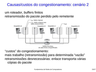 Causas/custos do congestionamento: cenário 2
um roteador, buffers finitos
retransmissão do pacote perdido pelo remetente




“custos” do congestionamento:
mais trabalho (retransmissão) para determinada “vazão”
retransmissões desnecessárias: enlace transporta várias
  cópias do pacote
                    Fundamentos de Redes de Computadores   23/27
 