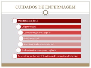 CUIDADOS DE ENFERMAGEM
Monitorização de SV
Oxigenoterapia
Controle de glicemia capilar
Controle da dor
Manutenção de acesso venoso
Realização de exames com urgência
Determinar melhor decúbito de acordo com o tipo de choque
 
