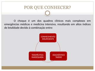 POR QUE CONHECER?
O choque é um dos quadros clínicos mais complexos em
emergências médicas e medicina intensiva, resultando em altos índices
de letalidade devido à combinação entre:
CONHECIMENTO
INSUFICIENTE
DIAGNÓSTICO
TARDIO
TERAPÊUTICA
INADEQUADA
 
