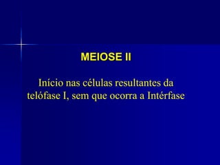 MEIOSE II
Início nas células resultantes da
telófase I, sem que ocorra a Intérfase
 