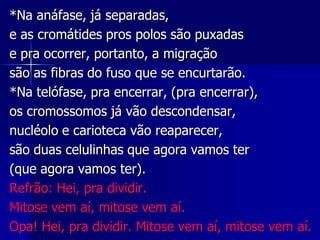 *Na anáfase, já separadas,
e as cromátides pros polos são puxadas
e pra ocorrer, portanto, a migração
são as fibras do fuso que se encurtarão.
*Na telófase, pra encerrar, (pra encerrar),
os cromossomos já vão descondensar,
nucléolo e carioteca vão reaparecer,
são duas celulinhas que agora vamos ter
(que agora vamos ter).
Refrão: Hei, pra dividir.
Mitose vem aí, mitose vem aí.
Opa! Hei, pra dividir. Mitose vem aí, mitose vem aí.
 