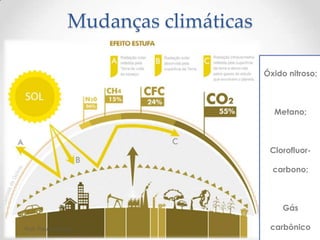 Mudanças climáticas
Óxido nitroso;
Metano;
Clorofluor-
carbono;
Gás
carbônicoProf. Paulo Dantas
 