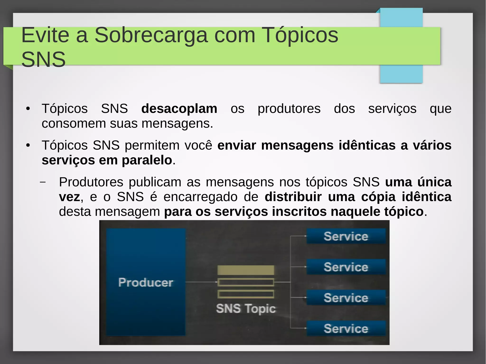 Evite a Sobrecarga com Tópicos
SNS
● Tópicos SNS desacoplam os produtores dos serviços que
consomem suas mensagens.
● Tópicos SNS permitem você enviar mensagens idênticas a vários
serviços em paralelo.
– Produtores publicam as mensagens nos tópicos SNS uma única
vez, e o SNS é encarregado de distribuir uma cópia idêntica
desta mensagem para os serviços inscritos naquele tópico.
 