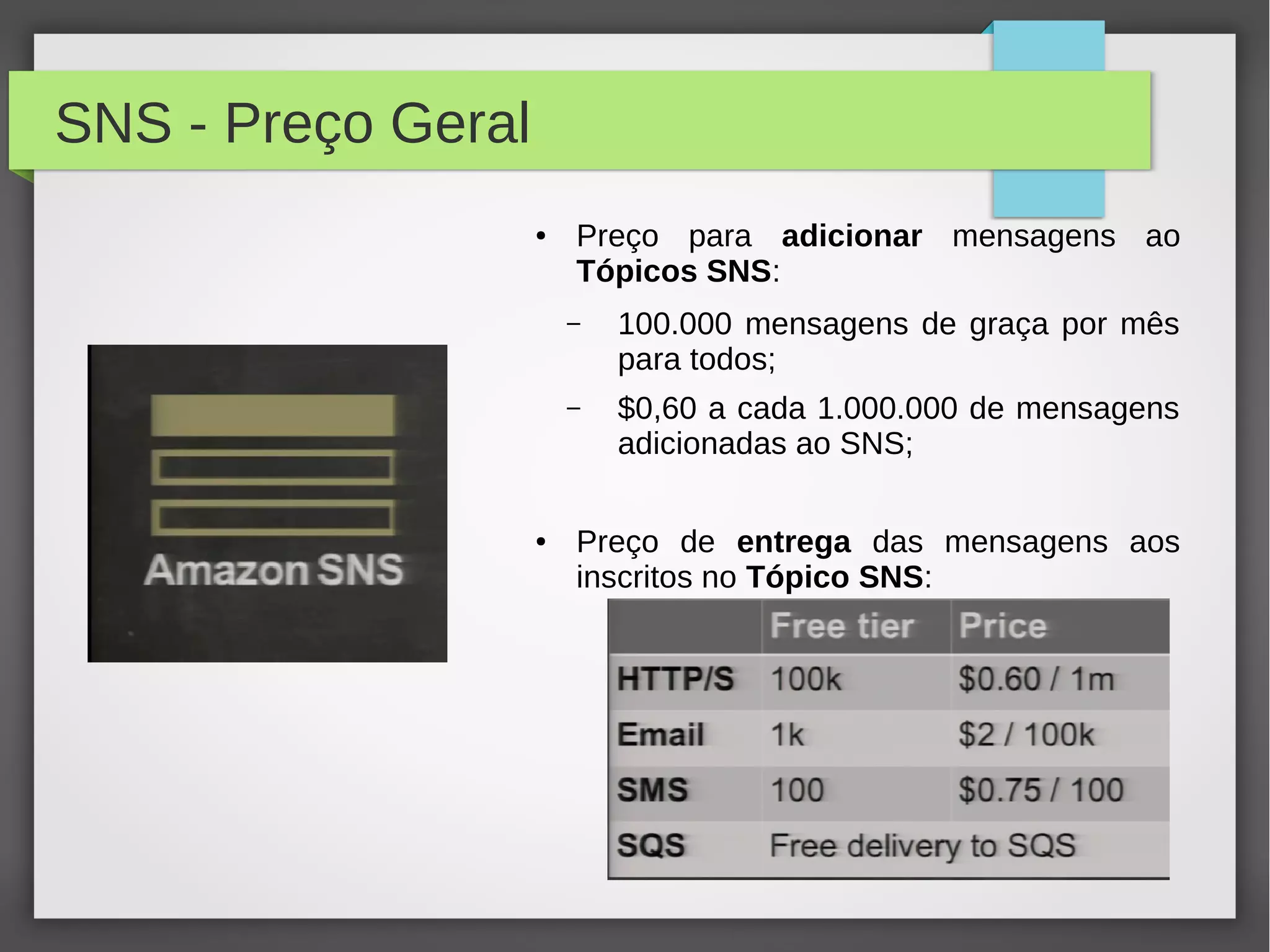SNS - Preço Geral
● Preço para adicionar mensagens ao
Tópicos SNS:
– 100.000 mensagens de graça por mês
para todos;
– $0,60 a cada 1.000.000 de mensagens
adicionadas ao SNS;
● Preço de entrega das mensagens aos
inscritos no Tópico SNS:
 