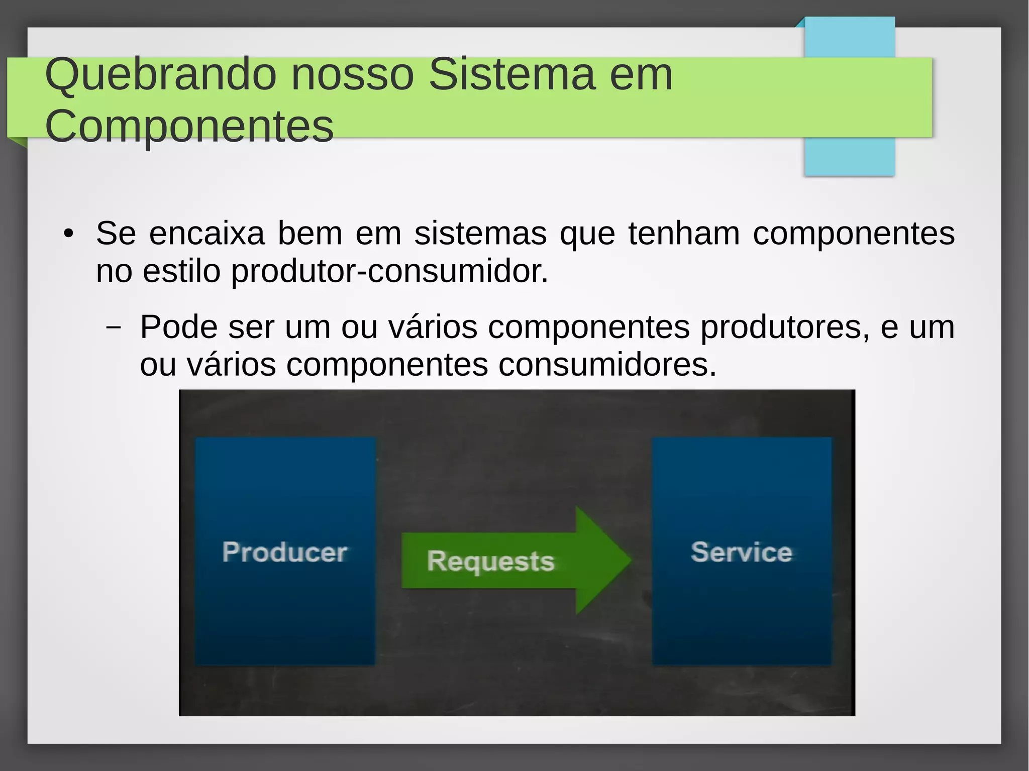 Quebrando nosso Sistema em
Componentes
● Se encaixa bem em sistemas que tenham componentes
no estilo produtor-consumidor.
– Pode ser um ou vários componentes produtores, e um
ou vários componentes consumidores.
 