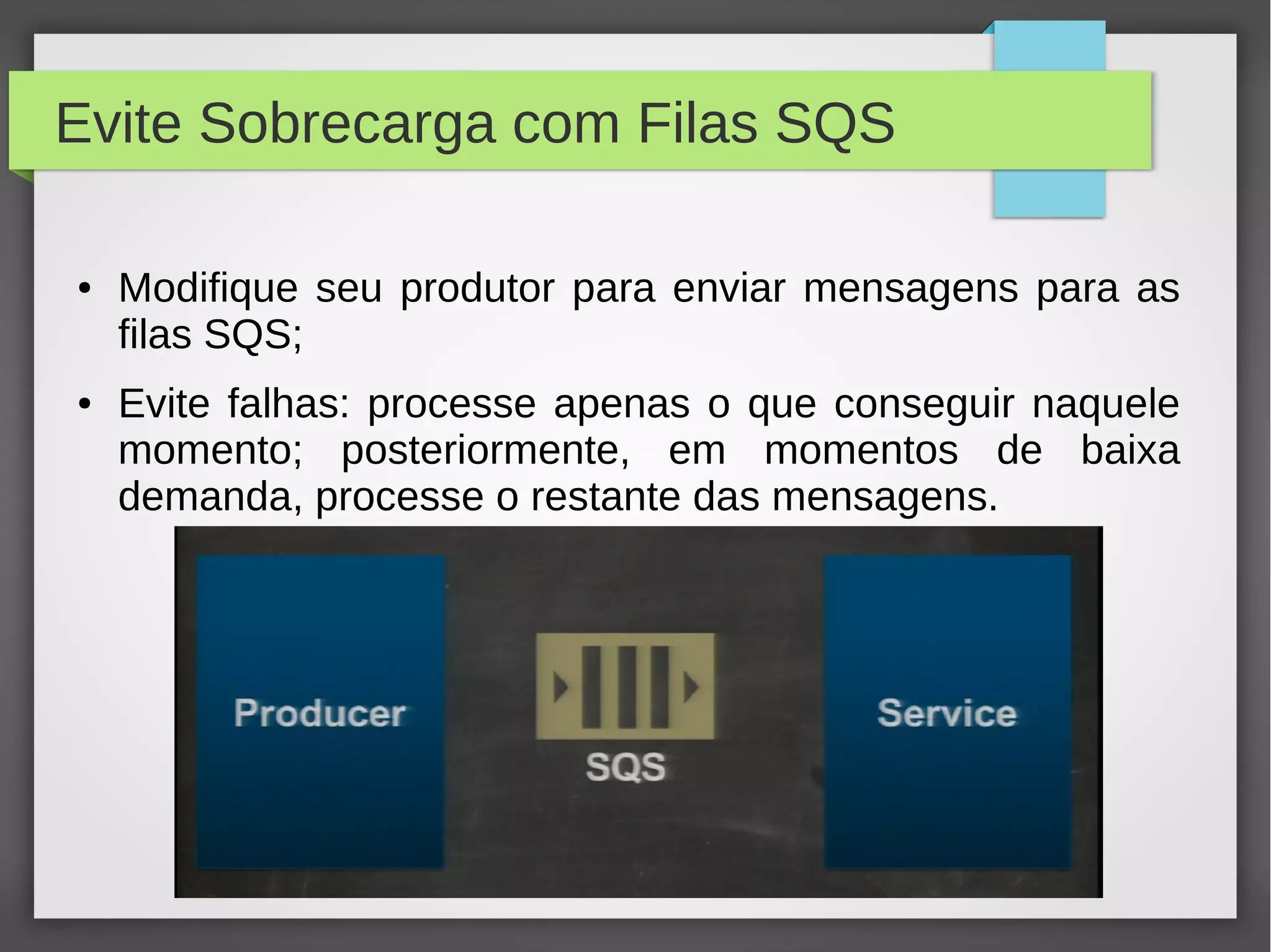 Evite Sobrecarga com Filas SQS
● Modifique seu produtor para enviar mensagens para as
filas SQS;
● Evite falhas: processe apenas o que conseguir naquele
momento; posteriormente, em momentos de baixa
demanda, processe o restante das mensagens.
 
