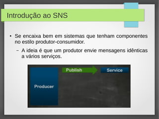 Introdução ao SNS
● Se encaixa bem em sistemas que tenham componentes
no estilo produtor-consumidor.
– A ideia é que um produtor envie mensagens idênticas
a vários serviços.
 