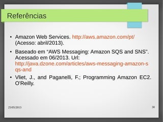 25/05/2013 30
Referências
● Amazon Web Services. http://aws.amazon.com/pt/
(Acesso: abril/2013).
● Baseado em “AWS Messaging: Amazon SQS and SNS”.
Acessado em 06/2013. Url:
http://java.dzone.com/articles/aws-messaging-amazon-s
qs-and
● Vliet, J., and Paganelli, F.; Programming Amazon EC2.
O'Reilly.
 