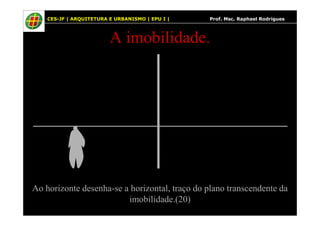 30
A imobilidade.
30 CES-JF | ARQUITETURA E URBANISMO | EPU I | Prof. Msc. Raphael Rodrigues
Ao horizonte desenha-se a horizontal, traço do plano transcendente da
imobilidade.(20)
 