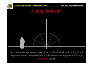 32
A singularidade.
32 CES-JF | ARQUITETURA E URBANISMO | EPU I | Prof. Msc. Raphael Rodrigues
Há apenas um ângulo reto, mas há uma infinidade de outros ângulos. O
ângulo reto tem portanto direitos sobre os outros ângulos: é único, é
constante. (20)
 