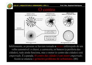 44
O centro
CES-JF | ARQUITETURA E URBANISMO | EPU I | Prof. Msc. Raphael Rodrigues
Infelizmente, as pessoas se haviam tornado o motor enferrujado de um
velho automóvel: o chassi, a carroceria, os bancos (a periferia das
cidades), tudo ainda funciona, mas o motor (o centro das cidades) está
emperrado. É a parada. O centro das cidades é um motor emperrado.
Assim se enuncia o primeiro problema do urbanismo. (86)
 