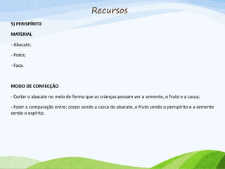 5) PERISPÍRITO
MATERIAL
- Abacate;
- Prato;
- Faca.
MODO DE CONFECÇÃO
- Cortar o abacate no meio de forma que as crianças possam ver a semente, o fruto e a casca;
- Fazer a comparação entre; corpo sendo a casca do abacate, o fruto sendo o perispírito e a semente
sendo o espírito.
Recursos
 