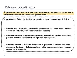 Edema Localizado
É provocado por um fator que atua localmente, podendo às vezes ser a
manifestação inicial de um edema generalizado.
- Alteram as forças de Starling ou interferem com a drenagem linfática.
- Edema dos Membros Inferiores (obstrução da veia cava inferior,
obstrução linfática, insuficiência valvular venosa)
- Edema Pulmonar – Aumento da pressão hidrostática capilar, redução da
pressão oncótica intravascular e agressão aos capilares.
- Edema Cerebral – Grande frequência e gravidade. Cérebro não possui
drenagem linfática – Calota craniana rígida, pequenos edemas causam
transtornos funcionais.
 