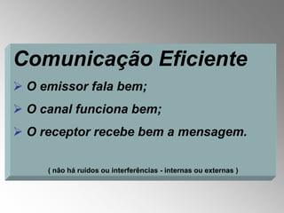 Comunicação Eficiente
 O emissor fala bem;
 O canal funciona bem;
 O receptor recebe bem a mensagem.

     ( não há ruídos ou interferências - internas ou externas )
 