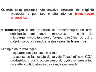 Quando esse processo não envolve consumo de oxigênio
molecular e por isso é chamado de fermentação
anaeróbica.
A fermentação é um processo de transformação de uma
substância em outra, produzida a partir de
microorganismos, tais como fungos, bactérias, ou até o
próprio corpo, chamados nestes casos de fermentos.
Exemplo de fermentação:
- açúcares das plantas em álcool,
- processo de fabricação da cerveja (álcool etílico e CO2)
produzidos a partir do consumo de açúcares presentes
no malte - obtido através da cevada germinada.
 