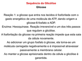 Sequência da Glicólise
Glicose
Reação 1: a glicose que entra nos tecidos é fosforilada com o
gasto energético de uma molécula de ATP, dando origem a
glicose-6-fosfato e ADP.
Enzima: Hexoquinase. Reação irreversível e um dos três passos
que regulam a glicólise.
A fosforilação da glicose na primeira reação impede que esta saia
da célula novamente.
Ao adicionar um grupo fosfato à glicose, ela torna-se um
molécula carregada negativamente e é impossível atravessar
passivamente a membrana celular.
Ao manter a glicose aprisionada dentro da célula a glicólise é
garantida.
 