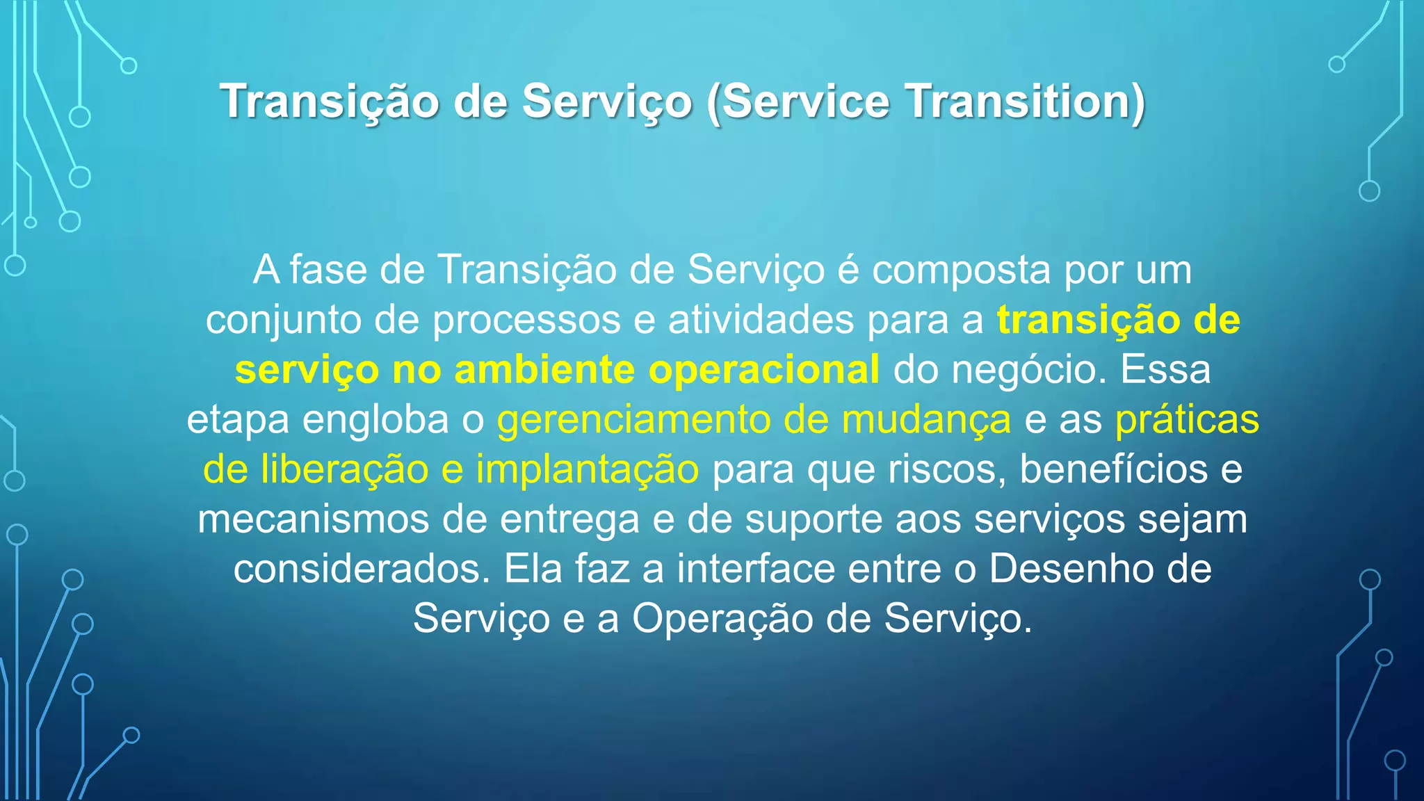 A fase de Transição de Serviço é composta por um
conjunto de processos e atividades para a transição de
serviço no ambiente operacional do negócio. Essa
etapa engloba o gerenciamento de mudança e as práticas
de liberação e implantação para que riscos, benefícios e
mecanismos de entrega e de suporte aos serviços sejam
considerados. Ela faz a interface entre o Desenho de
Serviço e a Operação de Serviço.
Transição de Serviço (Service Transition)
 