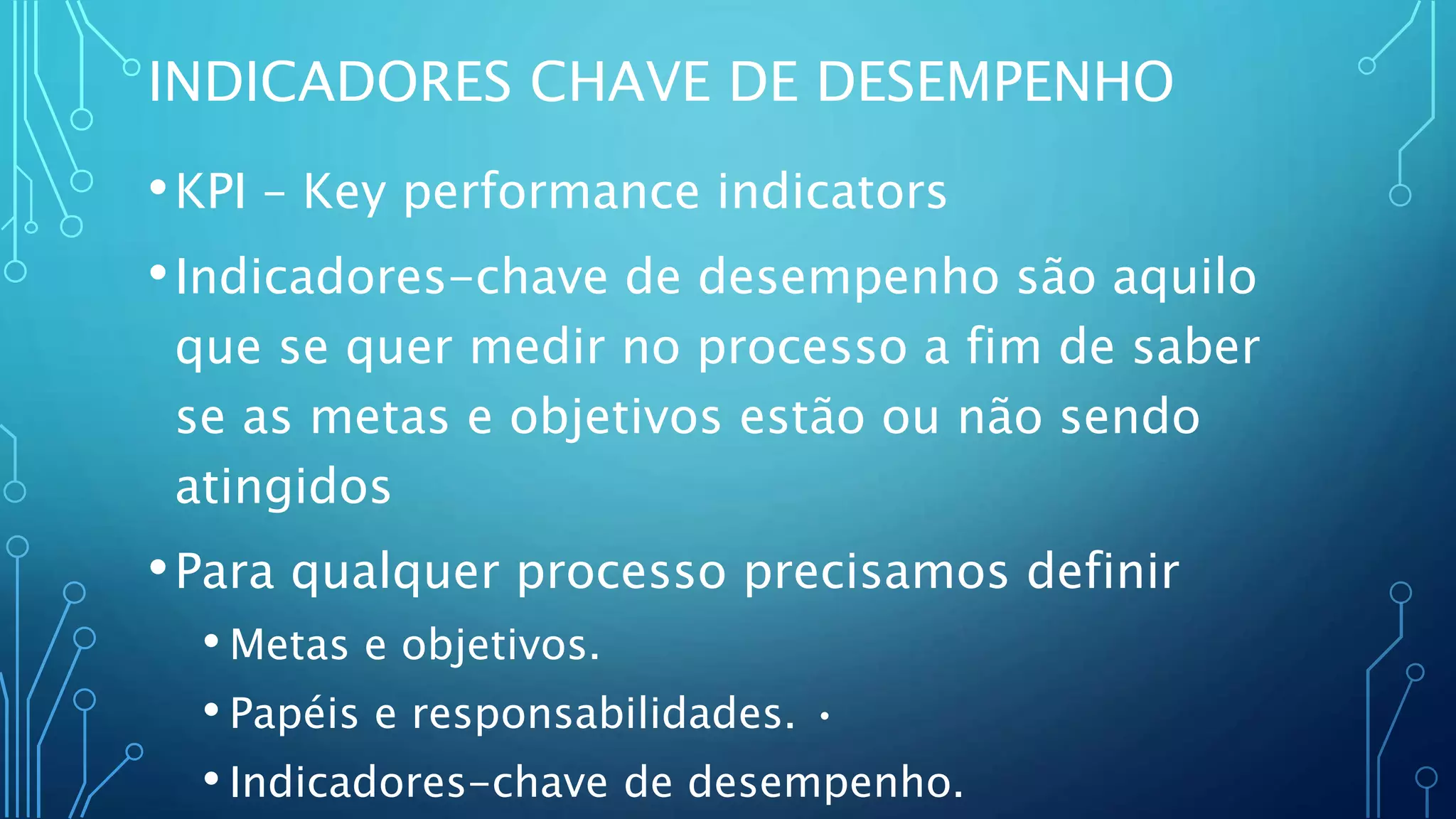 INDICADORES CHAVE DE DESEMPENHO
•KPI – Key performance indicators
•Indicadores-chave de desempenho são aquilo
que se quer medir no processo a fim de saber
se as metas e objetivos estão ou não sendo
atingidos
•Para qualquer processo precisamos definir
• Metas e objetivos.
• Papéis e responsabilidades. •
• Indicadores-chave de desempenho.
 