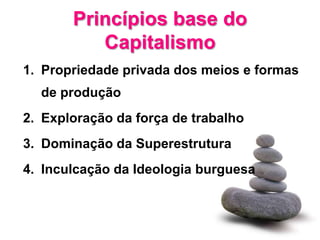 Princípios base do
          Capitalismo
1. Propriedade privada dos meios e formas
  de produção
2. Exploração da força de trabalho
3. Dominação da Superestrutura
4. Inculcação da Ideologia burguesa
 