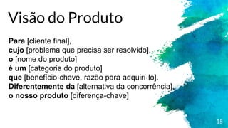 15
Para [cliente final],
cujo [problema que precisa ser resolvido],
o [nome do produto]
é um [categoria do produto]
que [benefício-chave, razão para adquirí-lo].
Diferentemente da [alternativa da concorrência],
o nosso produto [diferença-chave]
Visão do Produto
 