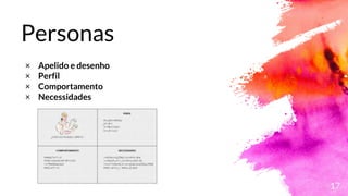 Personas
17
× Apelido e desenho
× Perfil
× Comportamento
× Necessidades
 