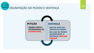 10
DELIMITAÇÃO DO PEDIDO E SENTENÇA
PETIÇÃO
• PEDIDO CERTO E
DETERMINADO OU
DETERMINÁVEL
SENTENÇA
• DEVE SE ATER AOS
LIMITES DO PEDIDO
• NO CASO DE PEDIDO
DETERMINÁVEL A
SENTENÇA PODE SER
ILÍQUIDA
 