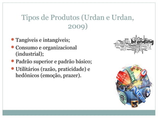 Tipos de Produtos (Urdan e Urdan,
2009)
Tangíveis e intangíveis;
Consumo e organizacional
(industrial);
Padrão superior e padrão básico;
Utilitários (razão, praticidade) e
hedônicos (emoção, prazer).
 