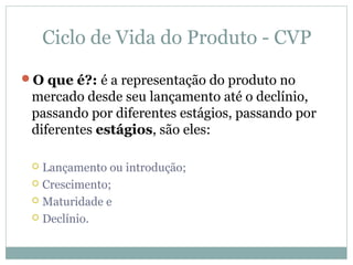 Ciclo de Vida do Produto - CVP
O que é?: é a representação do produto no
mercado desde seu lançamento até o declínio,
passando por diferentes estágios, passando por
diferentes estágios, são eles:
 Lançamento ou introdução;
 Crescimento;
 Maturidade e
 Declínio.
 