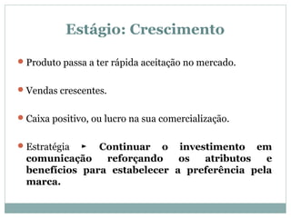 Estágio: Crescimento
Produto passa a ter rápida aceitação no mercado.
Vendas crescentes.
Caixa positivo, ou lucro na sua comercialização.
Estratégia Continuar o investimento em►
comunicação reforçando os atributos e
benefícios para estabelecer a preferência pela
marca.
 