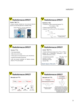 14/05/2017
9
Radiofármacos SPECT
Gerador 99Mo/99m Tc
Sistema fechado composto por uma coluna de óxido de
alumínio, ao qual está adsorvido o molibdato (99Mo).
Gerador 99Mo/99m Tc e Kit para radiofármacos
marcados com 99m Tc
Radiofármacos SPECT
Molibidênio ( 99Mo)
Produzido em reator nuclear pela fissão do 235U
235U (n,fissão) => 99Mo
Tempo de meia vida: 66 horas
Decai em 99mTc (87%) e em 99Tc (13%) emitindo β-
Diagrama do decaimento
do 99Mo em 99mTc
Radiofármacos SPECT
Tecnécio ( 99mTc)
Fácil disponibilidade;
Meia-vida curta (6 horas);
Fótons gama com energias baixas, entre 100-200 KeV;
Ausência de emissão de partículas;
80% dos exames realizados em Medicina Nuclear
utilizam o 99mTc como traçador.
Radiofármacos SPECT
Gerador 99Mo/99m Tc
Devido à diferença de cargas entre o 99mTc e o 99mMo é
possível eluir o pertecnetato, continuando o ânion
molibdato adsorvido na coluna.
A vida útil de um gerador
varia de 7 a 15 dias,
dependendo da carga
inicial de 99Mo.
Frasco de coleta
(vácuo)
Coluna
(Al2O3)
Blindagem
de chumbo
99mTc
99mMo
adsorvido
Solução Salina
0,9%
Desafio: Separar o Filho do Pai
Radiofármacos SPECT
Marcação com 99mTc
99mTcO4
-
Kit ‘’frio’’
Radiofármaco Retirada da dose Medir a atividade
Agitação
99mTcO4
- + Ligante 99mTcLigante
Radiofármacos SPECT
Marcação com 99mTc
99mTc-HMPAO
(Exametazima)
99mTc-ECD
(Etilenodicisteínato de dietila)
Distúrbios do sistema
nervoso central
Perfusão cerebral por acidente
vascular cerebral e outras doenças
cerebrovasculares, marcação de
leucócitos para localizar infecções
intra-abdominais e doença
inflamatória do intestino.
 