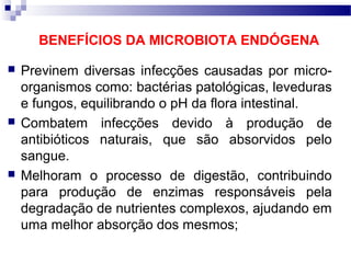  Previnem diversas infecções causadas por micro-
organismos como: bactérias patológicas, leveduras
e fungos, equilibrando o pH da flora intestinal.
 Combatem infecções devido à produção de
antibióticos naturais, que são absorvidos pelo
sangue.
 Melhoram o processo de digestão, contribuindo
para produção de enzimas responsáveis pela
degradação de nutrientes complexos, ajudando em
uma melhor absorção dos mesmos;
BENEFÍCIOS DA MICROBIOTA ENDÓGENA
 